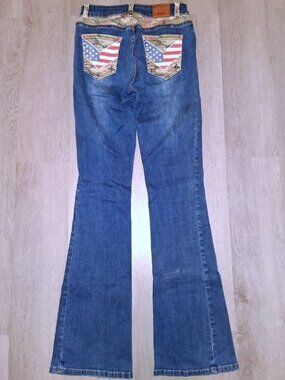Ranch Dress'n American Flag and Camo Flared Jeans Size Small Western Cowgirl